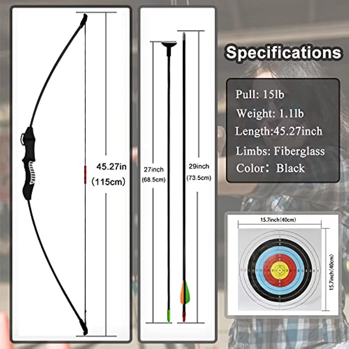 Archery Bow and Arrow Sets for Kids Adult Practice Fiberglass Bow Longbow Kids Toy Bow and Arrow Sets Hunting Accessories